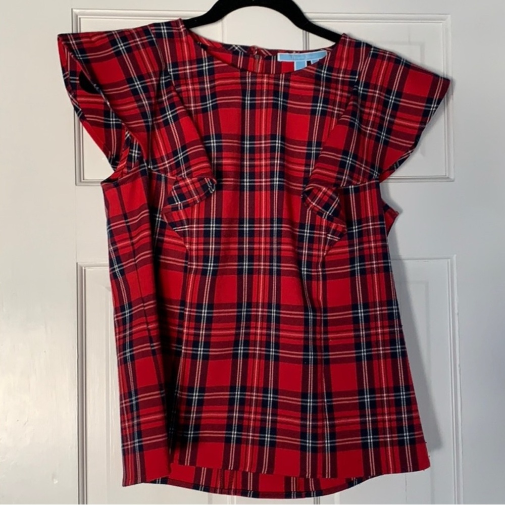 Draper James Red and Black Plaid Blouse with Ruffle Sleeves